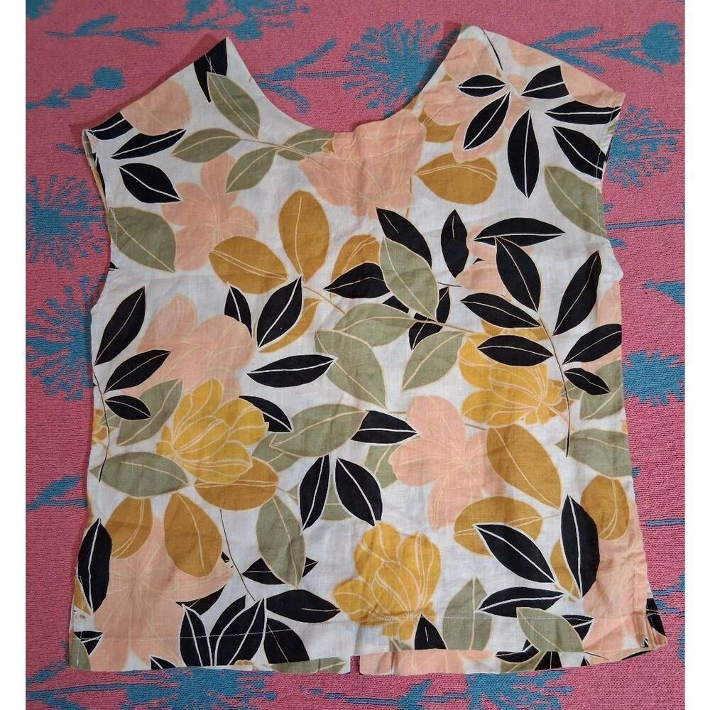 Rachel Zoe womens small 100% linen boxy top mustard yellow green floral blouse - Picture 4 of 8